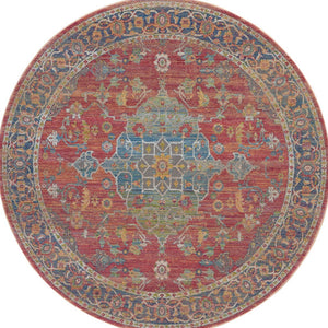 Homeroots 6' Blue And Red Floral Medallion Distressed Non Skid Round Rug  Polypropylene,Polyester 551021