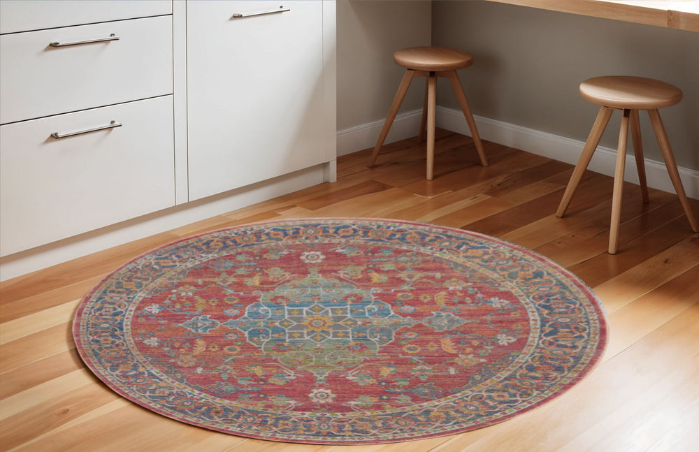 Homeroots 6' Blue And Red Floral Medallion Distressed Non Skid Round Rug  Polypropylene,Polyester 551021