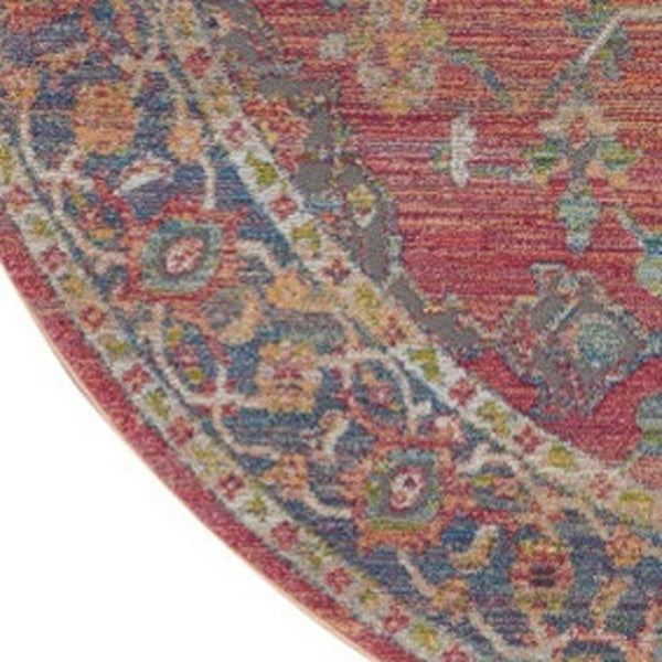 HomeRoots 6' Vintage-Inspired Blue and Red Floral Medallion Distressed Rug for Classic Home Charm 6' Round 551021