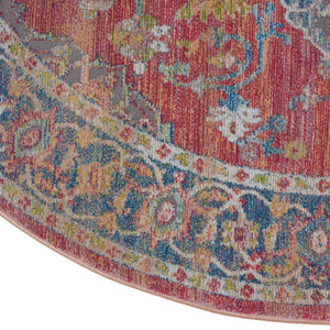 HomeRoots 6' Vintage-Inspired Blue and Red Floral Medallion Distressed Rug for Classic Home Charm 6' Round 551021