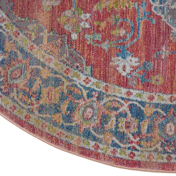 HomeRoots 6' Vintage-Inspired Blue and Red Floral Medallion Distressed Rug for Classic Home Charm 6' Round 551021