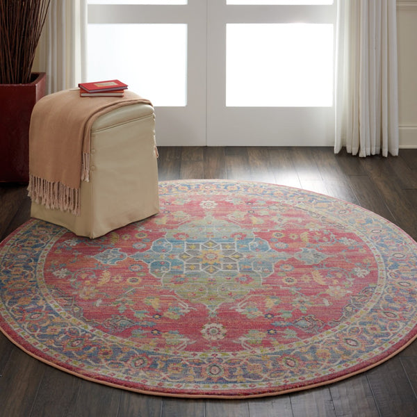 HomeRoots 6' Vintage-Inspired Blue and Red Floral Medallion Distressed Rug for Classic Home Charm 6' Round 551021