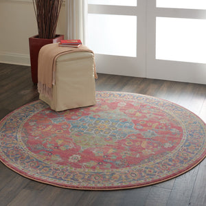 HomeRoots 6' Vintage-Inspired Blue and Red Floral Medallion Distressed Rug for Classic Home Charm 6' Round 551021