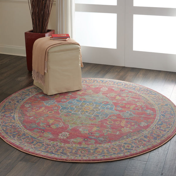 HomeRoots 6' Vintage-Inspired Blue and Red Floral Medallion Distressed Rug for Classic Home Charm 6' Round 551021