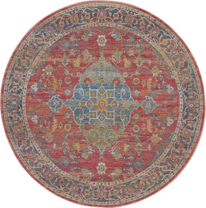 HomeRoots 6' Vintage-Inspired Blue and Red Floral Medallion Distressed Rug for Classic Home Charm 6' Round 551021