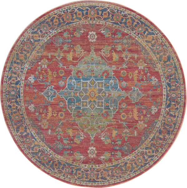 HomeRoots 6' Vintage-Inspired Blue and Red Floral Medallion Distressed Rug for Classic Home Charm 6' Round 551021