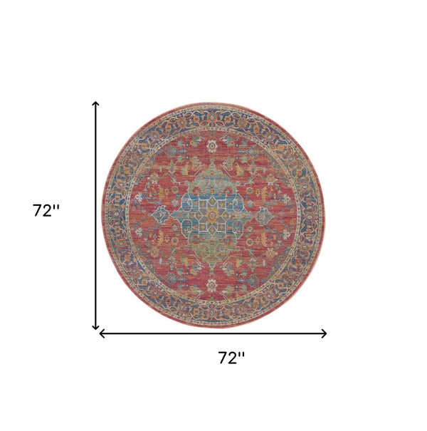Homeroots 6' Blue And Red Floral Medallion Distressed Non Skid Round Rug  Polypropylene,Polyester 551021