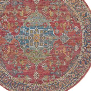 Homeroots 6' Blue And Red Floral Medallion Distressed Non Skid Round Rug  Polypropylene,Polyester 551021