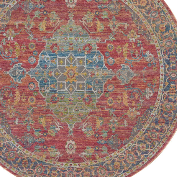 Homeroots 6' Blue And Red Floral Medallion Distressed Non Skid Round Rug  Polypropylene,Polyester 551021