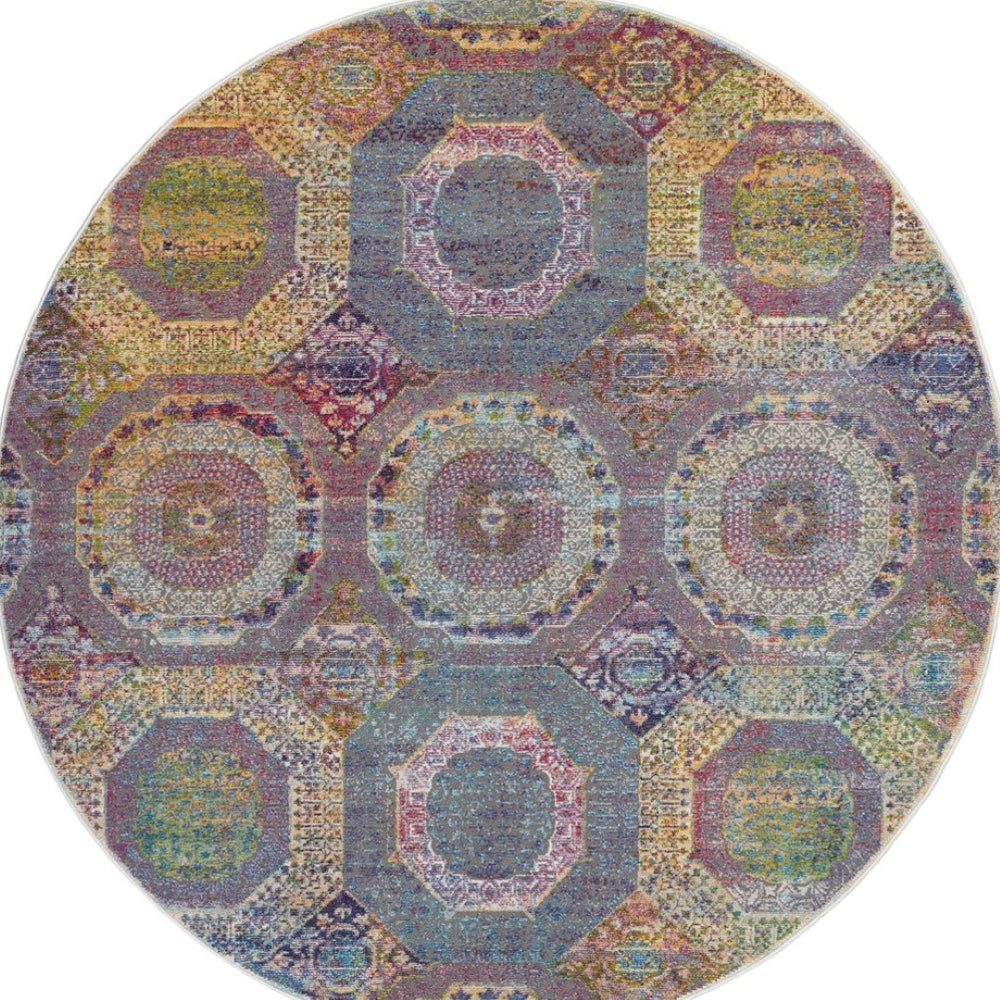 HomeRoots 6' Vibrant Blue, Red, and Orange Geometric Distressed Rug for Modern Boho Living Room Decor 6' Round 551033
