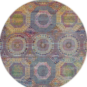 Homeroots 6' Blue Red And Orange Geometric Distressed Non Skid Round Rug  Polypropylene,Polyester 551033