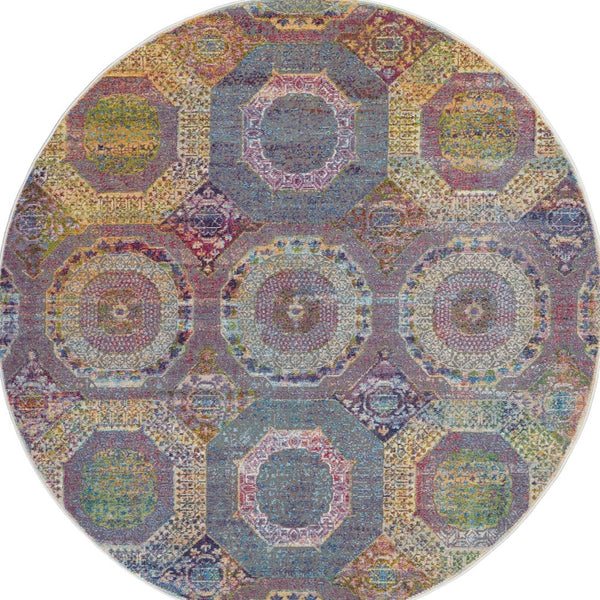 Homeroots 6' Blue Red And Orange Geometric Distressed Non Skid Round Rug  Polypropylene,Polyester 551033
