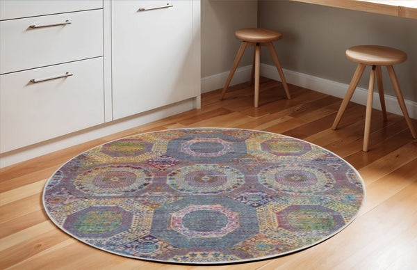 Homeroots 6' Blue Red And Orange Geometric Distressed Non Skid Round Rug  Polypropylene,Polyester 551033