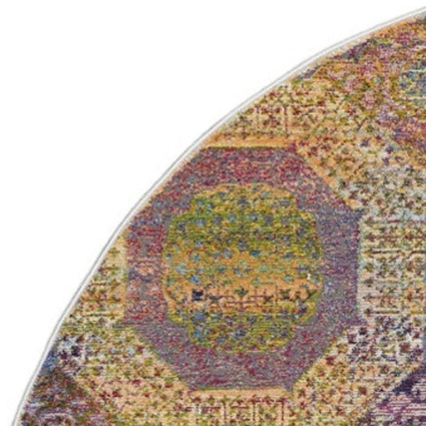 HomeRoots 6' Vibrant Blue, Red, and Orange Geometric Distressed Rug for Modern Boho Living Room Decor 6' Round 551033