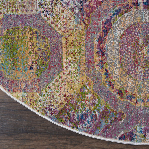 Homeroots 6' Blue Red And Orange Geometric Distressed Non Skid Round Rug  Polypropylene,Polyester 551033