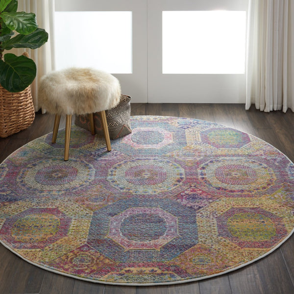 HomeRoots 6' Vibrant Blue, Red, and Orange Geometric Distressed Rug for Modern Boho Living Room Decor 6' Round 551033