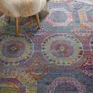 HomeRoots 6' Vibrant Blue, Red, and Orange Geometric Distressed Rug for Modern Boho Living Room Decor 6' Round 551033