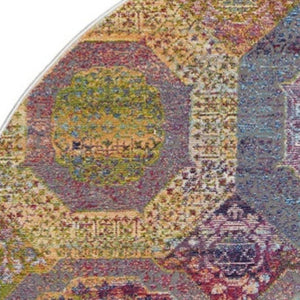 HomeRoots 6' Vibrant Blue, Red, and Orange Geometric Distressed Rug for Modern Boho Living Room Decor 6' Round 551033