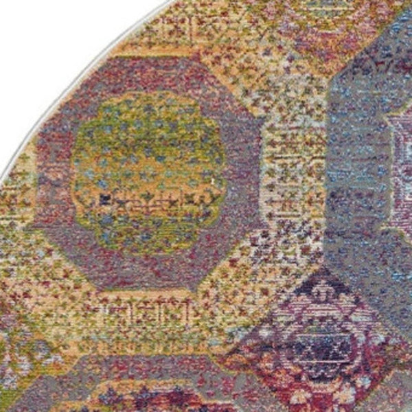 HomeRoots 6' Vibrant Blue, Red, and Orange Geometric Distressed Rug for Modern Boho Living Room Decor 6' Round 551033