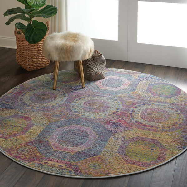 HomeRoots 6' Vibrant Blue, Red, and Orange Geometric Distressed Rug for Modern Boho Living Room Decor 6' Round 551033