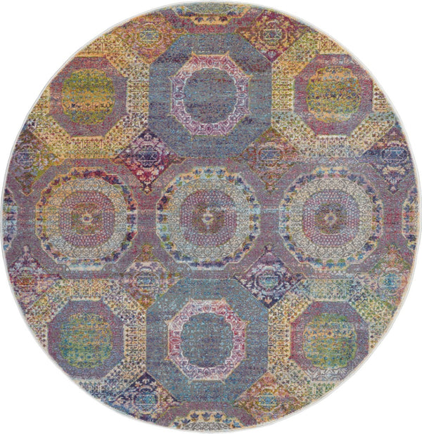 HomeRoots 6' Vibrant Blue, Red, and Orange Geometric Distressed Rug for Modern Boho Living Room Decor 6' Round 551033