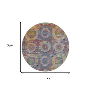 Homeroots 6' Blue Red And Orange Geometric Distressed Non Skid Round Rug  Polypropylene,Polyester 551033