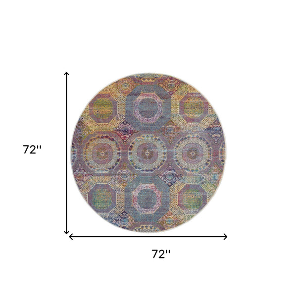 Homeroots 6' Blue Red And Orange Geometric Distressed Non Skid Round Rug  Polypropylene,Polyester 551033