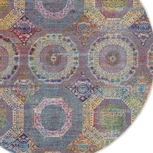 Homeroots 6' Blue Red And Orange Geometric Distressed Non Skid Round Rug  Polypropylene,Polyester 551033