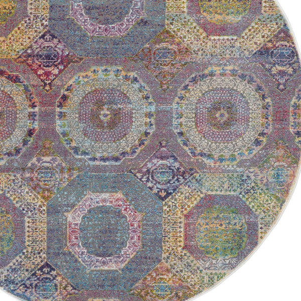 Homeroots 6' Blue Red And Orange Geometric Distressed Non Skid Round Rug  Polypropylene,Polyester 551033