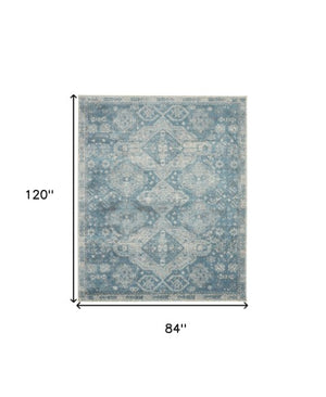 Homeroots 5' Ivory And Light Blue Medallion Distressed Area Rug - Durable, Stain Resistant, Stylish Design 7' X 10' Polypropylene 551036