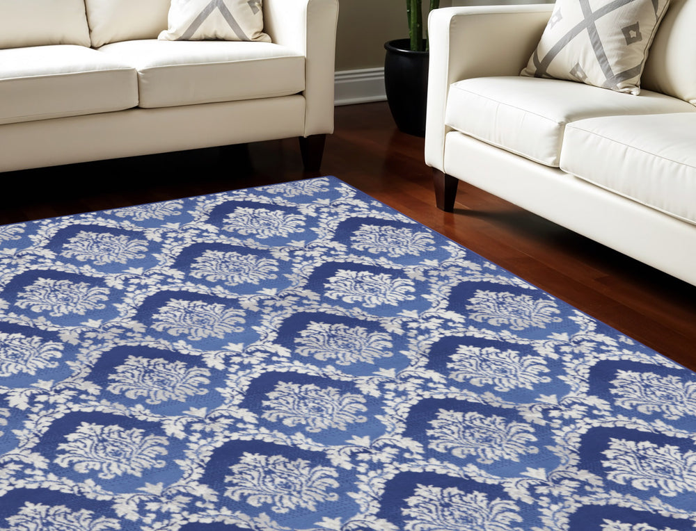 Homeroots 7' Ivory And Blue Damask Distressed Non-skid Area Rug – Durable, Stain-resistant, Stylish Home Accent 8' X 10' Polyester 551038
