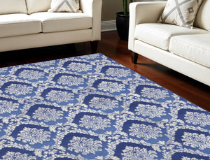 Homeroots 7' Ivory And Blue Damask Distressed Non-skid Area Rug – Durable, Stain-resistant, Stylish Home Accent 8' X 10' Polyester 551038