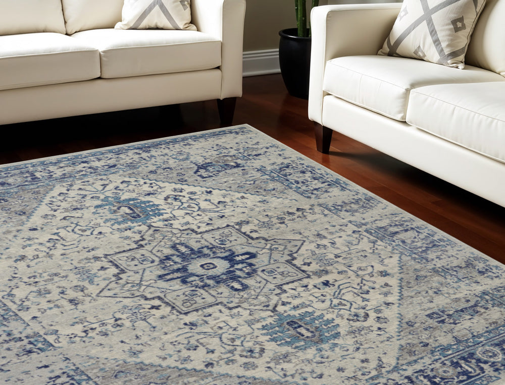 Homeroots 7' Distressed Floral Medallion Area Rug In Ivory & Light Blue – Durable, Stain-resistant, Stylish Decor  Polypropylene 551039