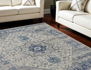 Homeroots 7' Distressed Floral Medallion Area Rug In Ivory & Light Blue – Durable, Stain-resistant, Stylish Decor  Polypropylene 551039