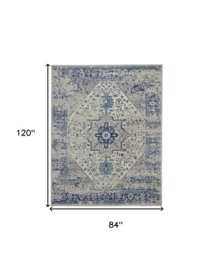 Homeroots 7' Distressed Floral Medallion Area Rug In Ivory & Light Blue – Durable, Stain-resistant, Stylish Decor  Polypropylene 551039