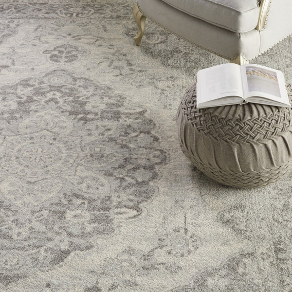 HomeRoots 7' Ivory and Gray Floral Medallion Distressed Area Rug - Stylish, Durable, and Easy to Maintain! 551040