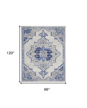 Homeroots 7' Distressed Floral Medallion Area Rug In Ivory And Blue - Stain Resistant, Non-skid Design For Style 8' X 10' Polyester 551043