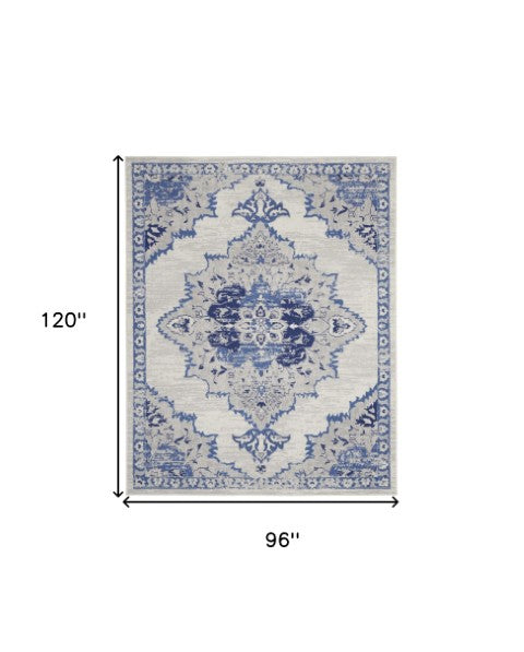Homeroots 7' Distressed Floral Medallion Area Rug In Ivory And Blue - Stain Resistant, Non-skid Design For Style 8' X 10' Polyester 551043