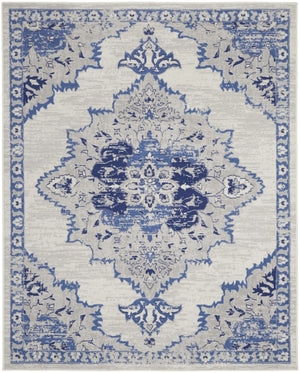 HomeRoots 7' Distressed Floral Medallion Area Rug in Ivory and Blue – Stain-Resistant, Non-Skid Comfort 8' X 10' 551043