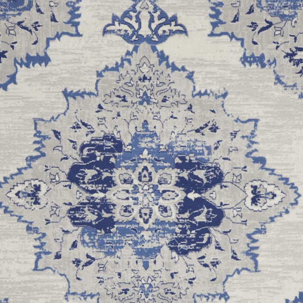 Homeroots 7' Distressed Floral Medallion Area Rug In Ivory And Blue - Stain Resistant, Non-skid Design For Style 8' X 10' Polyester 551043