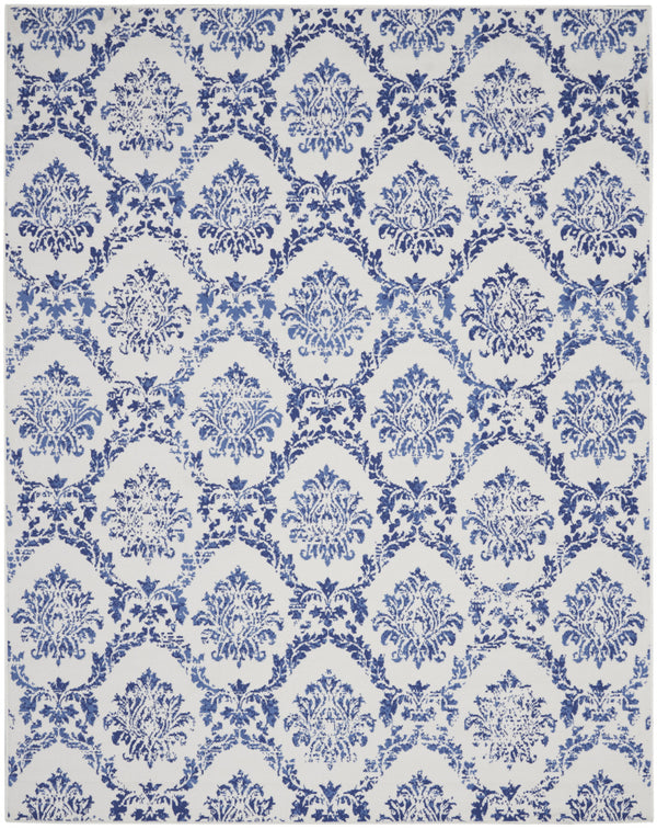 Homeroots 8' X 10' Ivory And Navy Blue Damask Distressed Non Skid Area Rug  Polypropylene 551052