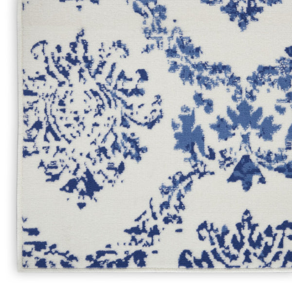 HomeRoots 7' Elegant Ivory and Navy Damask Distressed Area Rug - Durable, Stain-Resistant, Perfect for Busy Homes 8' X 10' 551052