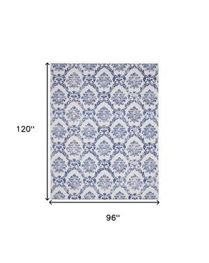 Homeroots 8' X 10' Ivory And Navy Blue Damask Distressed Non Skid Area Rug  Polypropylene 551052