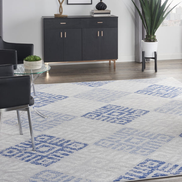 Homeroots 7' Stylish Geometric Distressed Area Rug In Beige, Blue & Gray – Durable, Non-skid, Stain Resistant 8' X 10' Polypropylene 551053