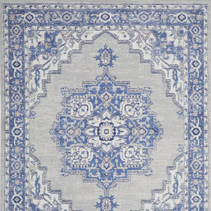 Homeroots 7' Distressed Floral Medallion Area Rug In Ivory, Blue, And Gray - Durable, Non-skid, Stain Resistant 8' X 10' Polyester 551054