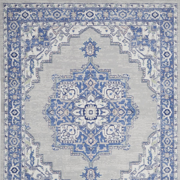 Homeroots 7' Distressed Floral Medallion Area Rug In Ivory, Blue, And Gray - Durable, Non-skid, Stain Resistant 8' X 10' Polyester 551054