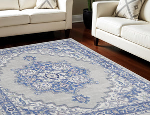 Homeroots 7' Distressed Floral Medallion Area Rug In Ivory, Blue, And Gray - Durable, Non-skid, Stain Resistant 8' X 10' Polyester 551054