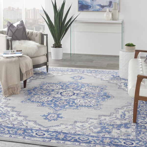 HomeRoots 7' Elegant Ivory Blue and Gray Floral Medallion Area Rug - Stain-Resistant, Non-Skid Design for Homes 8' X 10' 551054