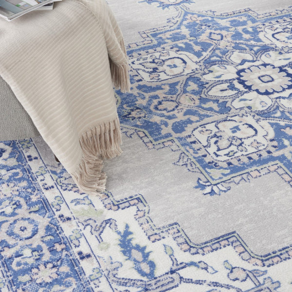 HomeRoots 7' Elegant Ivory Blue and Gray Floral Medallion Area Rug - Stain-Resistant, Non-Skid Design for Homes 8' X 10' 551054