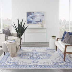 HomeRoots 7' Elegant Ivory Blue and Gray Floral Medallion Area Rug - Stain-Resistant, Non-Skid Design for Homes 8' X 10' 551054